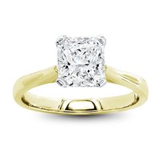 a yellow gold engagement ring with a princess cut diamond in the center, on a white background