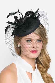 "\"Juliet\" Black Fascinator Headband Be the envy of the party in this elegant felt fascinator. The round felt base is covered with satin ribbon loops, adorned with flighty feathers and topped off with a birdcage veil. This gorgeous piece is perfect for any special occasion. - Easy wear headband - Optional; tuck-a-way veil - Available in several other colors Add Men's Matching Bow Tie: Don't you dare get caught mismatching your sweetie's favorite fascinator! Pippa & Pearl now carries bow tie Adjustable Black Feathered Headpiece, Adjustable Black Feather Headpiece, Black Halloween Headpiece For Evening, Black Headpiece For Halloween Evening, Black Halloween Evening Headpiece, Elegant Black Costume Accessories For Formal Occasions, Elegant Black Costume Accessories For Formal Events, Black Hat-style Headpieces For Wedding, Black Hat Headpiece For Wedding