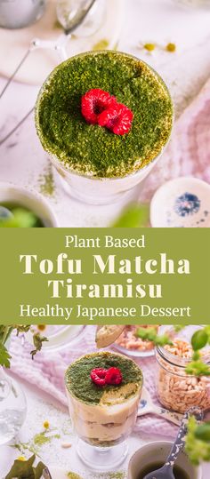 the top view of a green dessert with raspberries on it and text overlay that reads plant based tofu matcha tiransu healthy japanese dessert