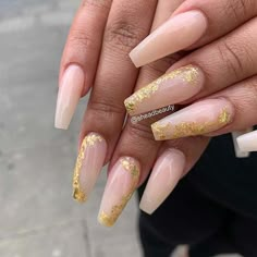 Nude And Gold Nails Coffin, Gold Coffin Acrylic Nails, Nude Gold Nails, Nude And Gold Nails, Nude Nails With Gold, Nude Coffin Nails, Gold Coffin Nails, Grad Nails, Coffin Nail Ideas