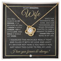 Are you looking for the perfect gift idea for your wife in celebration of Christmas, her birthday, or perhaps your anniversary or Valentine's Day? Are you looking for a present that is unique and special? Celebrate your wife with this beautiful pendant necklace and a heartfelt message.THE PENDANT NECKLACE FEATURES✨- 14k white gold finish or 18k yellow gold finish- 6.5mm round cut cubic zirconia stone- Pendant dimensions: 0.8" (2.2cm) height / 0.7" (1.8cm) width- Adjustable chain length: 18" - 22 Romantic Christmas Gifts, To My Future Wife, Cant Live Without You, Beautiful Pendant Necklace, Wife Necklace, Romantic Christmas, Love Knot Necklace, Love Knot, Luxury Boxes