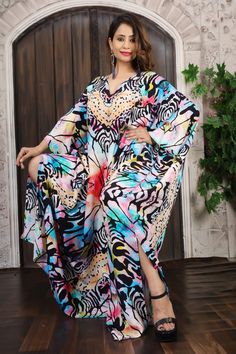 KaftanSilk Long Patterned Kaftan With Floral Print, Multicolor Printed Maxi Dress With Long Sleeves, Long Multicolor Print Kaftan For The Beach, Beachwear Kaftan With Vibrant Print And Kimono Sleeves, Free Size Multicolor Boho Print Kaftan, Multicolor Digital Print Dress For The Beach, Multicolor Boho Print Kaftan With Kimono Sleeves, Long Sleeve Printed Kaftan For The Beach, Multicolor Kaftan With Vibrant Print And Kimono Sleeves