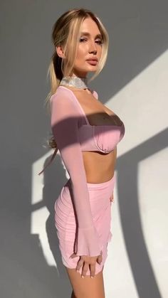 Summer Party Sets With Crop Top, Summer Party Crop Top Set, Chic Bodycon Crop Top For Party, Fitted Sheer Mini Skirt For Party, Pink Cropped Party Sets, Long Sleeve Crop Top For Summer Evenings, Flirty Long Sleeve Summer Crop Top, Sheer Long Sleeve Crop Top For Party, Fitted Crop Top Set For Night Out