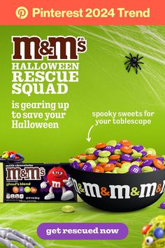 an ad for m & m's halloween rescue squad, with candy in a bowl