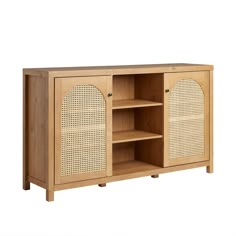 a wooden cabinet with wicker doors and shelves