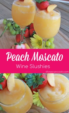 peach moscato wine slushies with strawberries on the rim and in glasses