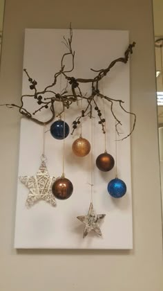 an ornament hanging from a tree branch with ornaments attached to it's branches