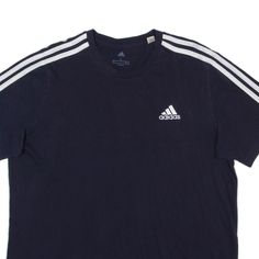 Item is in good used condition. >Size: L >Armpit To Armpit: 23" >Armpit To Cuff: 4" >Collar To Hem: 28" Adidas Logo Cotton T-shirt, Blue Cotton T-shirt With Three Stripes, Navy Cotton Tops With Three Stripes Branding, Navy Cotton Striped Tops, Blue Adidas Sportswear T-shirt, Blue T-shirt With Three Stripes Branding, Blue T-shirt With Three Stripes For Streetwear, Sporty Blue T-shirt With Three Stripes Branding, Blue Adidas Logo T-shirt For Streetwear