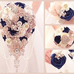 wedding bouquets with pearls and brooches are arranged in different shapes and sizes