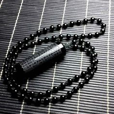 Obsidian Engraved Sutra Round Necklace - My Zen Temple Black Obsidian Necklace, Heart Sutra, Obsidian Necklace, Buddha Necklace, Volcanic Stone, Obsidian Stone, Beads Chain, Chain Fashion, Smart Band