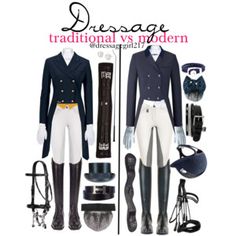 two different types of equestrian clothing are shown in this advertisement for dressage traditional vs modern