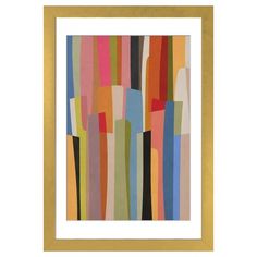 an abstract painting in gold frame with multicolored lines on the bottom and bottom