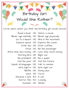 the birthday girl would she rather have? poem for kids to use in their speech