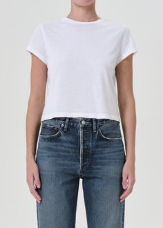 Adine Shrunken Tee in White front White Relaxed Short Sleeve T-shirt, Everyday White Cotton Cropped T-shirt, White Relaxed Fit Cropped T-shirt, White Organic Cotton T-shirt, White Stretch Cropped T-shirt, Product Development, Cropped T Shirt, Low Rise Jeans, White Short