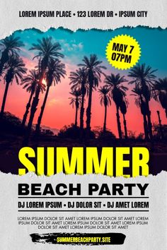 a flyer for a summer beach party with palm trees and the sun setting in the background