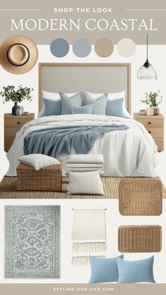 a bedroom with blue and white colors in the bedding, pillows, rugs and lamps