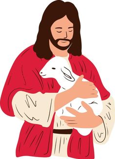 jesus holding a lamb in his arms and wearing a red robe with white sleeves on