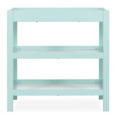 a light blue shelf with two shelves on each side