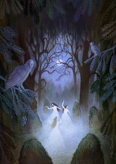 an image of two people in the woods at night with owls on their backs and trees