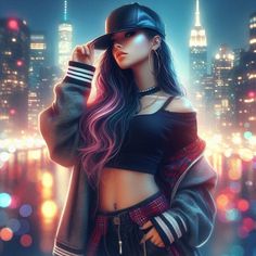 a woman with long hair wearing a hat and jacket in front of a cityscape