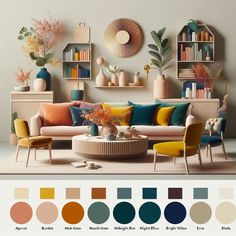 a living room filled with furniture and lots of color swatches on the wall above