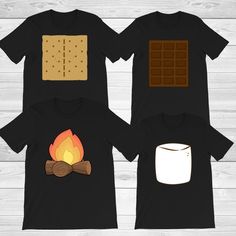 two t - shirts with chocolate, marshmallows and campfire on them