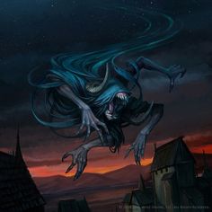 an image of a creepy monster flying in the air at night with its mouth open