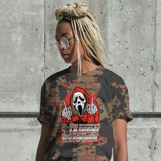 Brand Dunkare Olive 9s Shirt - FCK And Find Out Graphic Halloween All Over Print Unisex Shirt Casual Halloween Streetwear Shirt, Urban Crew Neck Top For Halloween, Urban Halloween Crew Neck Top, Horror Crew Neck Tops For Streetwear, Grunge Halloween Streetwear Shirt, Casual Halloween Shirt With All Over Print, Casual Halloween T-shirt With All Over Print, Halloween Streetwear Shirt With Sublimation Print, Halloween All Over Print Short Sleeve T-shirt