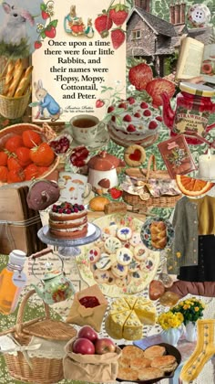 a collage of various foods and pastries on a table with a sign that says, once upon a time there were four little people