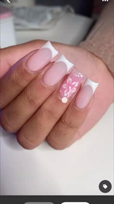 Summer Nails Flower Design, Pink Flower Acrylic Nails, Flower Nails Design, Gel Nails French, Nail Piercing, Acrylic Nail Ideas