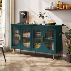 a teal cabinet with glass doors and gold handles in a living room next to a potted plant