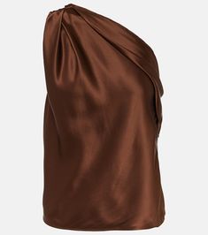 Find The Sei Draped One-shoulder Silk Satin Top on Editorialist. Material: 100% silk. Care instructions: dry clean. Made in China. Designer color name: Chocolate. Draped Dress Outfit, Silk Drape Dress, Party Edit, Office Outfits Women, Satin Blouses, Designer Tops, Brown Silk, Satin Top, Draped Dress