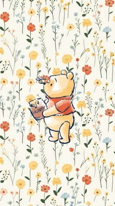 a winnie the pooh wallpaper with flowers