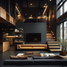 a living room filled with furniture and a flat screen tv mounted on a wall next to a stair case