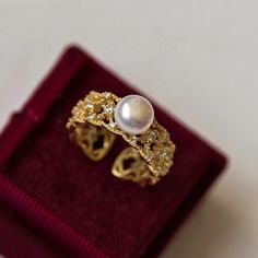 AW23 Fall Italian Palace Style Round Cut Diamond Pearl Ring For Anniversary, Luxury Pearl Ring With Diamond Accents For Promise, Elegant Gold Birthstone Ring With Cubic Zirconia, Elegant Gold Cubic Zirconia Birthstone Ring, Round Diamond Pearl Ring For Promise, Anniversary Pearl Ring With Diamond Detail, Gold Moissanite Open Ring, Exquisite Round Cut Diamond Ring As Gift, Exquisite Round Cut Diamond Ring Gift