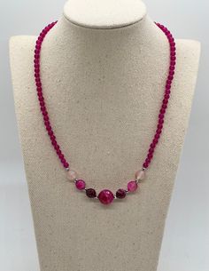 Fuchsia Pink Dyed Jade Magenta banded agate facet cut accented with silver hematite 17 inch with 4 inch extender  the extender chain is silver tone Adjustable Pink Crystal Necklaces With Natural Stones, Adjustable Pink Gemstone Beaded Necklaces, Adjustable Pink Crystal Necklace With Natural Stones, Pink Agate Beaded Necklaces As Gift, Pink Agate Beaded Necklaces With Round Beads, Adjustable Pink Gemstone Beaded Necklace, Adjustable Pink Crystal Gemstone Necklace, Pink Agate Beaded Necklace With Round Beads, Adjustable Pink Single Strand Crystal Necklace