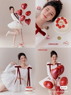 four photos of a woman with balloons and cake