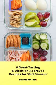 two plastic containers filled with food and the words, 6 great tasting & dietism approved recipes for girl diners