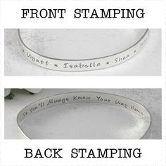 This item has endless possibilities. You can put your favorite saying, verse, quotes, roman numerals, inspirational words or family name. You can use it as an memory bracelet or the inspirational one. Now engrave in your handwriting.How to Personalize? Font - Angelina, Script or Typist? 1. Inscription for front/outside (each line 62 character incl. spaces) 2. Inscription for back/inside (each line 62 character incl. spaces) Adding design stamp-> Text (Design #49) Text (Design #50) Text e.g. O Engraved Name Bracelet For Personalized Gift, Personalized Stamped Name Bangle Bracelet, Inspirational Engraved Bangle Bracelet, Inspirational Engraved Bangle Bracelets, Personalized Engraved Name Bracelet, Memorial Engraved Silver Bracelets, Meaningful Engraved Name Bracelet, Engraved Silver Bracelet For Memorial, Inspirational Engraved Name Bracelet