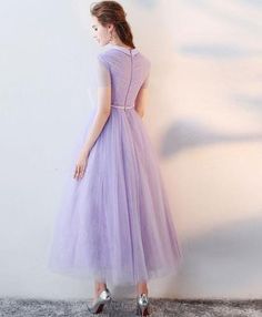 Beautiful Light Purple Tea Length Wedding Party Dress, Lace Short Slee – BeautyDressy Lavender Party, Short Sleeve Prom Dresses, Prom Dress Tulle, High Neck Prom Dress, Gonna In Tulle, Mother Of Bride Dress, Lace Summer Dresses, 60's Dress, Tea Length Wedding