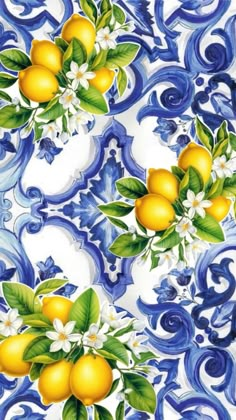 a blue and white wallpaper with lemons on it