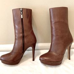 Gorgeous Shade Of Cognac Brown Leather In Great Used Condition (See All Photos). Very Comfortable Mid Calf Boots With Easy Side Zipper. Elastic Stretch Top For Extra Calf Room If Needed. 70s Vibes Platforms! Approx Measurements Heel 4.5” Platform 1” Brown Platform Boots With Zipper And Round Toe, Brown Platform Boots With Zipper Closure And Round Toe, Brown Platform Boots With Zipper Closure, Elegant Brown Heeled Boots With Zipper Closure, Elegant Brown Heeled Boots With Zipper, Leather Heeled Boots With Side Zipper And Round Toe, Brown Leather High Heel Platform Boots, Brown High Heel Boots With Zipper Closure, Brown Faux Leather Boots With Zipper Closure