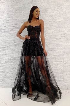 Jovani 02845 Black Fitted Gown With Tulle Skirt, Black Fitted Tulle Gown, Strapless Black Lace Evening Dress, Black Bustier Dress, Black Lace Bustier, Jovani Black Dress, Tulle Overlay Skirt, Jovani Prom Dresses 2022, Dress With Tulle