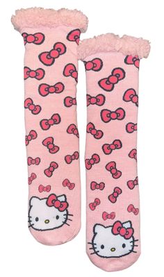 SANRIO HELLO KITTY Ladies Sherpa Lined Gripper Bottom Slipper Socks Shoe Size 4-10, Sock Size 9-11 Hello Kitty & Her Bows All Over Shell 98% Polyester, 2% Spandex Lining 100% Polyester High Point Design Brand Cute Winter Socks With Cat Design, Cute Cat Design Socks For Winter, Cute Cat Design Winter Socks, Cute Winter Non-slip Socks, Kuromi Clothes, Kitty Room, Hello Kitty Room Decor, Hello Kitty Bow, Hello Kitty Rooms