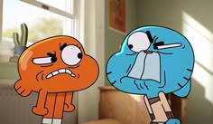 two cartoon characters are facing each other in front of a window, one with an angry look on his face