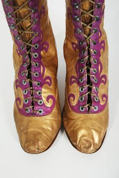 Antique 1890's Cammeyer Couture Gold and Purple Leather Lace-Up Victorian Boots For Sale at 1stDibs | victorian knee high boots, antique victorian lace up boots, vintage boots Historical Formal Boots With Leather Sole, Victorian Formal Boots With Leather Sole, Victorian Boots With Leather Sole For Formal Wear, Formal Victorian Boots With Leather Sole, Victorian Leather Boots For Formal Occasions, Historical Formal Boots With Round Toe, Historical Round Toe Boots For Formal Occasions, Historical Round Toe Formal Boots, Vintage Snip Toe Boots For Formal Occasions