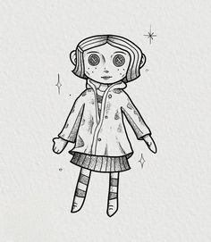 a black and white drawing of a girl in a coat