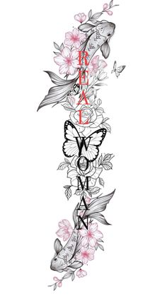 a tattoo design with pink flowers and butterflies on it, the word mama written in black ink