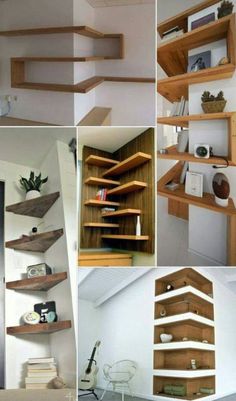 some shelves that are made out of wood and have bookshelves on top of them