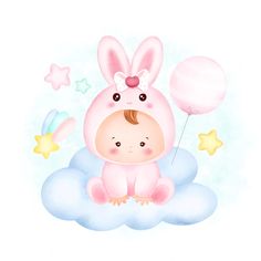 a baby bunny sitting on top of a cloud with a balloon in its mouth and stars around